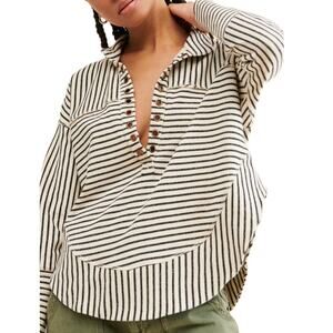 Anthropologie Pilcro Black White Stripe Collared Long Sleeve Spliced Henley Top